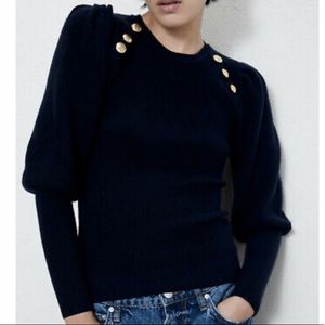 Zara Navy Gold Button Puff Sleeve Sweater Size L